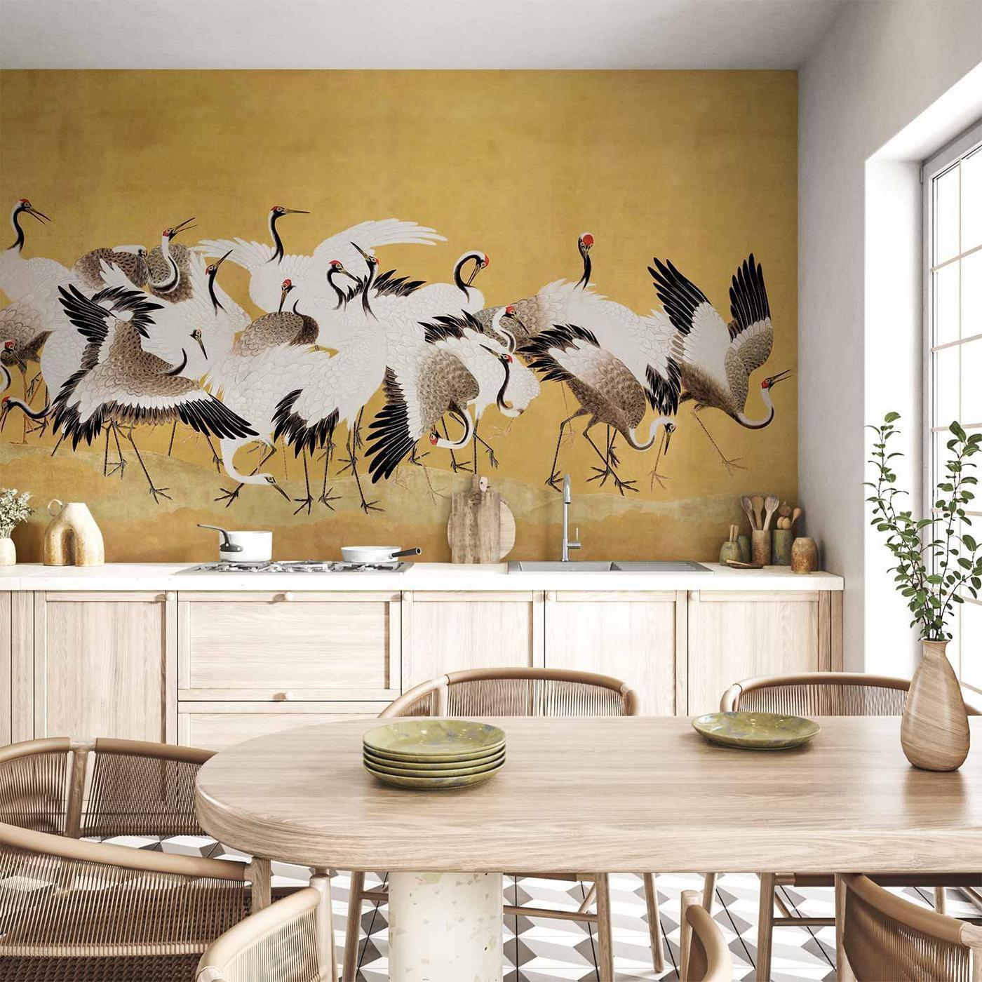Fotobehang - Japanese cranes - a flock of birds against a golden background based on a painting by Ishida Yūtei