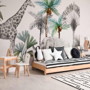 Fotobehang - Jungle Animals Wallpaper for Children's Room in Cartoon Style