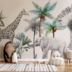 Fotobehang - Jungle Animals Wallpaper for Children's Room in Cartoon Style