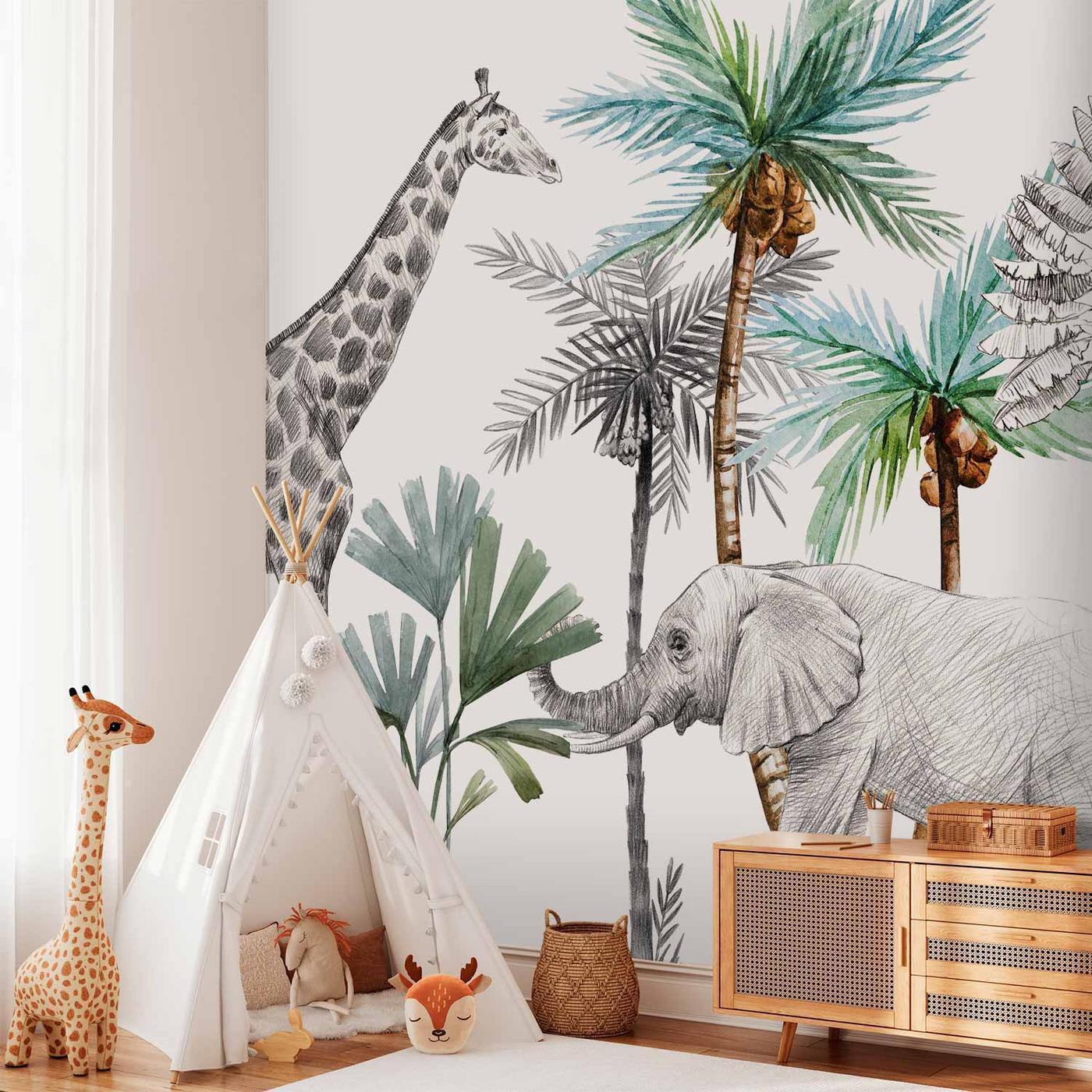 Fotobehang - Jungle Animals Wallpaper for Children's Room in Cartoon Style