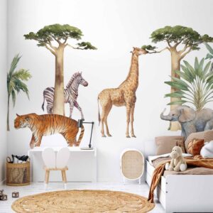 Fotobehang - Jungle Animals on White Background Made With Watercolour Technique