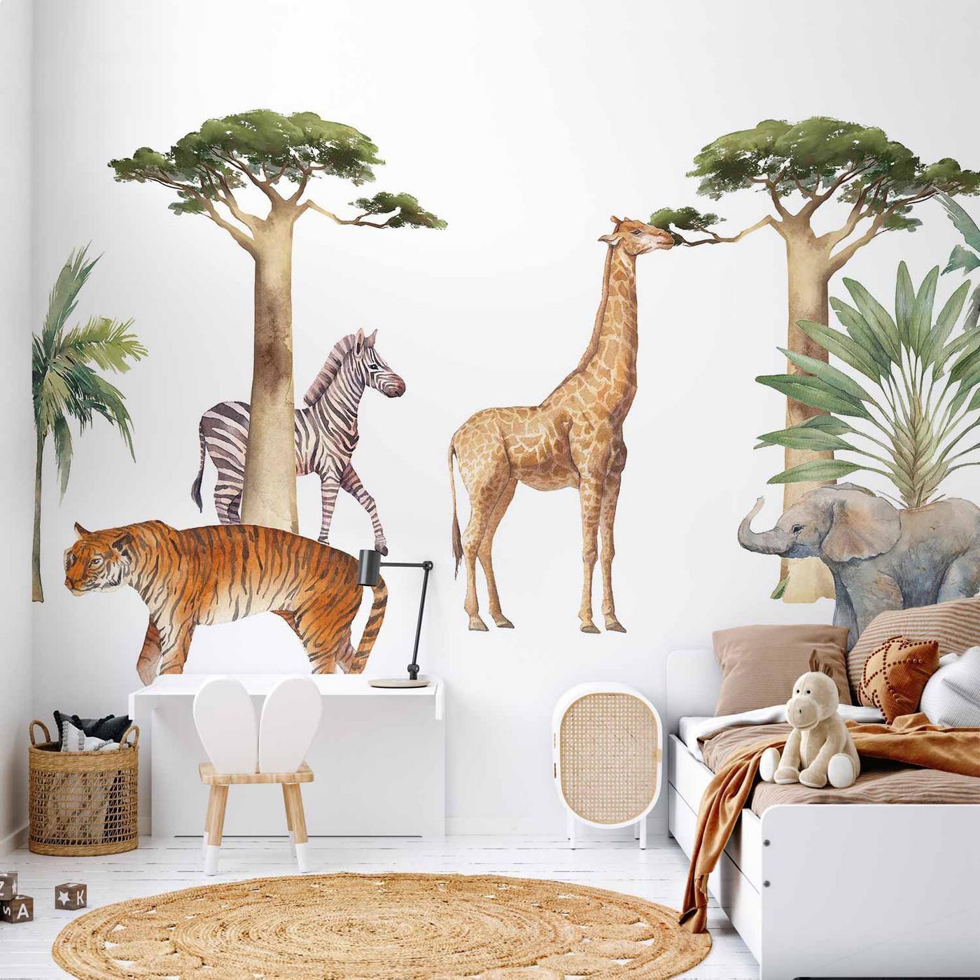 Fotobehang - Jungle Animals on White Background Made With Watercolour Technique