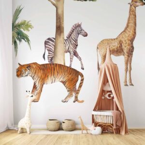 Fotobehang - Jungle Animals on White Background Made With Watercolour Technique