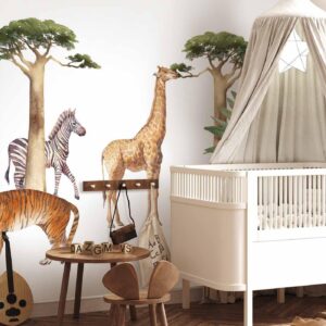 Fotobehang - Jungle Animals on White Background Made With Watercolour Technique