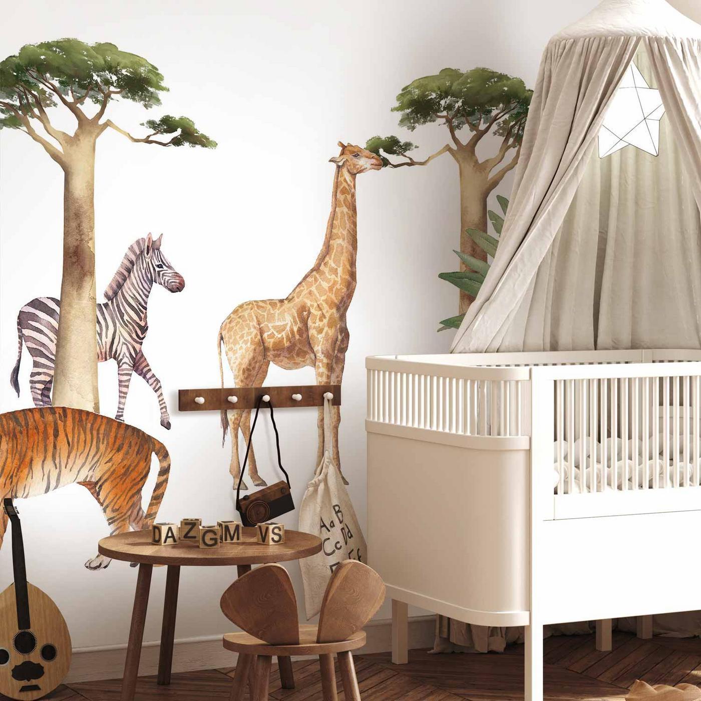 Fotobehang - Jungle Animals on White Background Made With Watercolour Technique