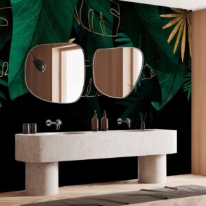 Fotobehang - Jungle and composition - motif of green and golden leaves on a black background