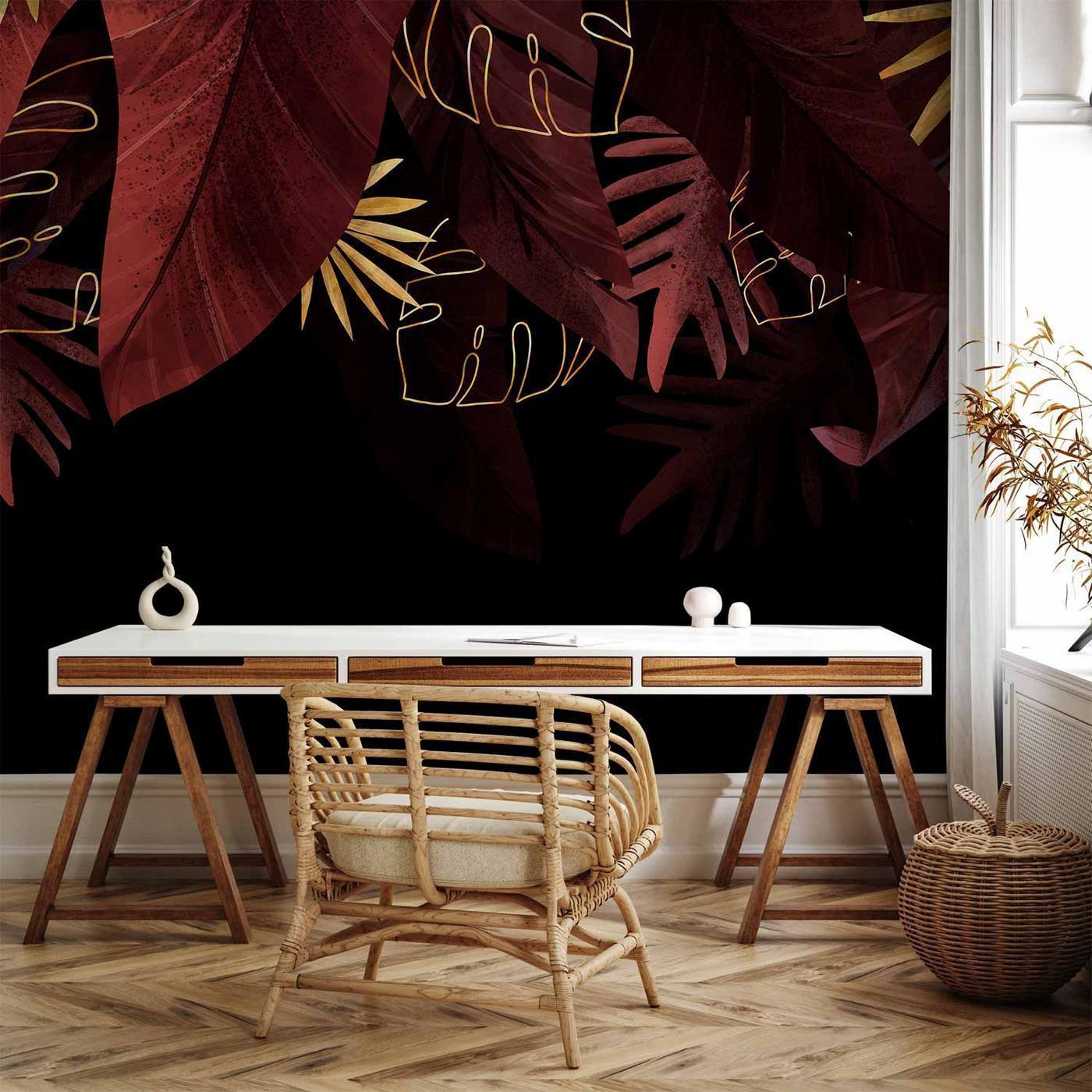 Fotobehang - Jungle and composition - red and gold leaf motif on black background