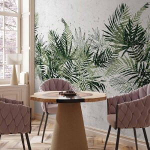 Fotobehang - Jungle and green plume - large tropical leaves on a white background