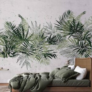 Fotobehang - Jungle and green plume - large tropical leaves on a white background