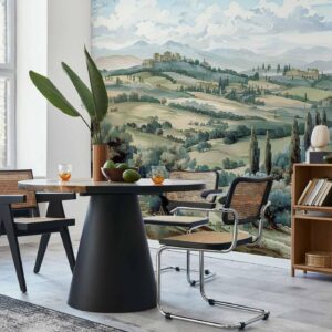 Fotobehang - Landscape with Green Fields and Trees Tuscan Sunny View