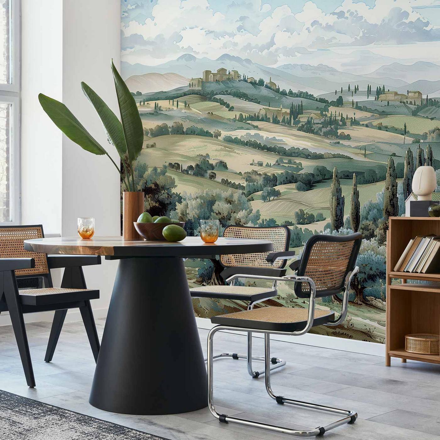 Fotobehang - Landscape with Green Fields and Trees Tuscan Sunny View