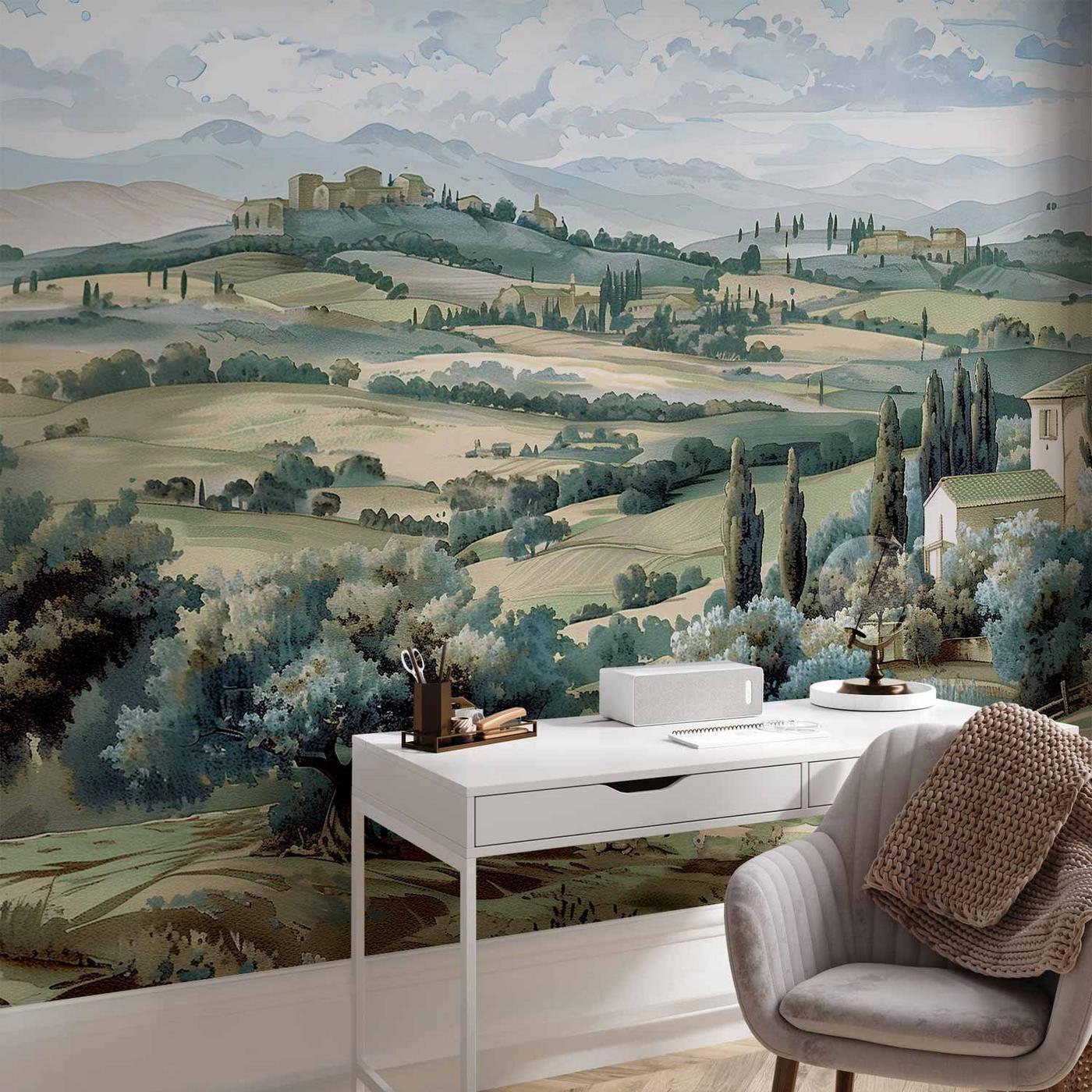 Fotobehang - Landscape with Green Fields and Trees Tuscan Sunny View