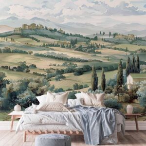 Fotobehang - Landscape with Green Fields and Trees Tuscan Sunny View