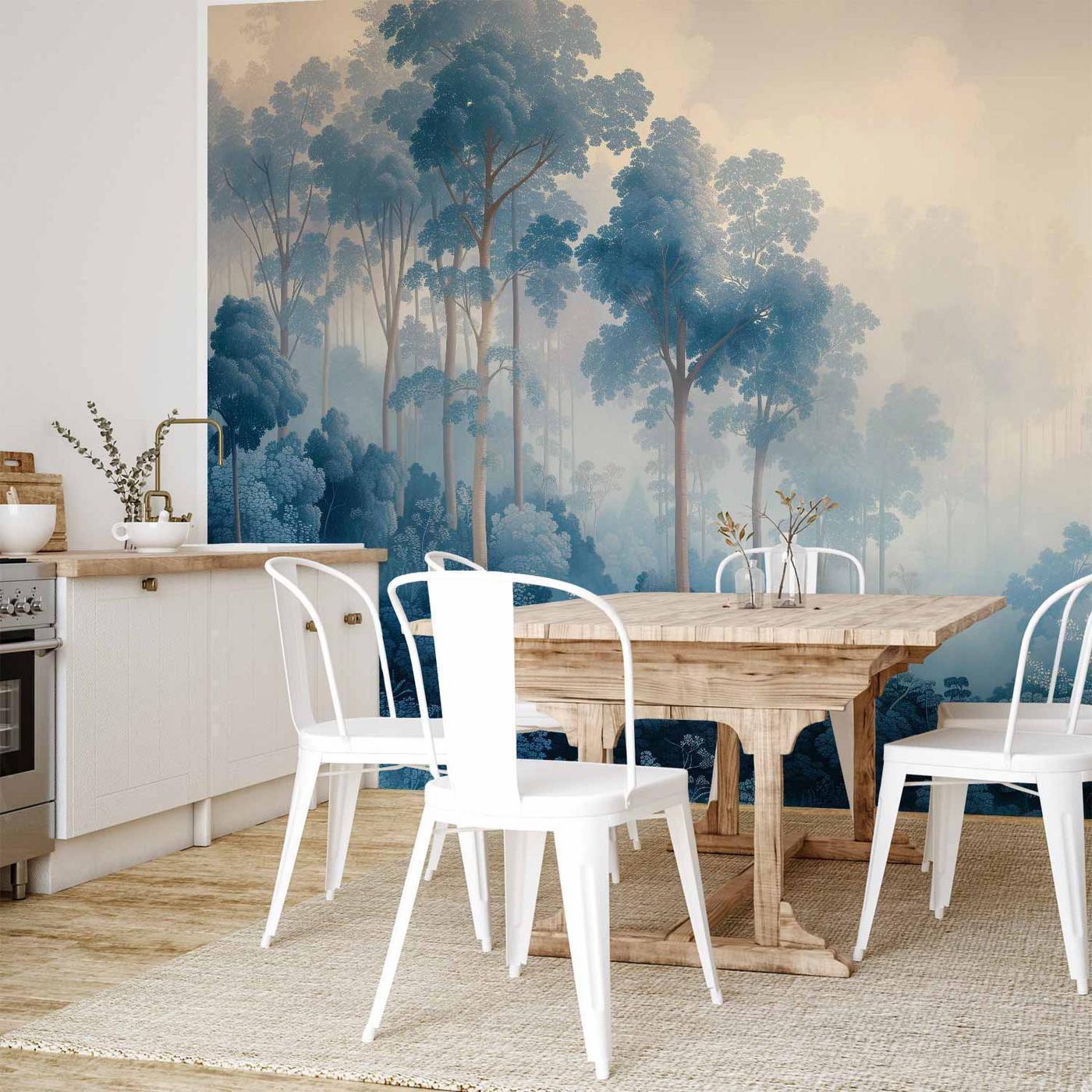 Fotobehang - Landscape with Trees in Illustrative Style Fairy-Tale Blue Forest