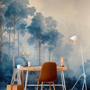 Fotobehang - Landscape with Trees in Illustrative Style Fairy-Tale Blue Forest