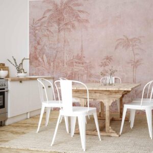 Fotobehang - Landscape with temple - engraving of Indian architecture with palm trees