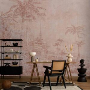 Fotobehang - Landscape with temple - engraving of Indian architecture with palm trees