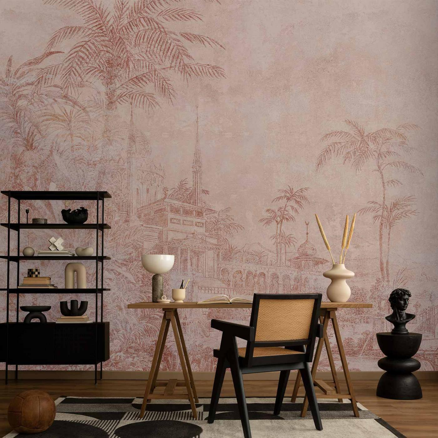 Fotobehang - Landscape with temple - engraving of Indian architecture with palm trees