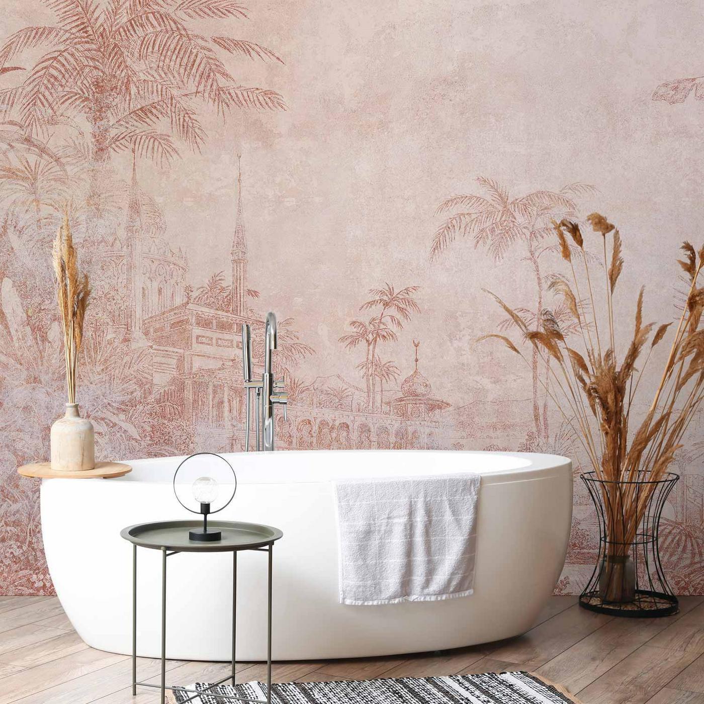 Fotobehang - Landscape with temple - engraving of Indian architecture with palm trees