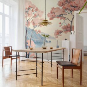 Fotobehang - Landscape with the Ocean Cliffs and Trees in Delicate Pink Shades