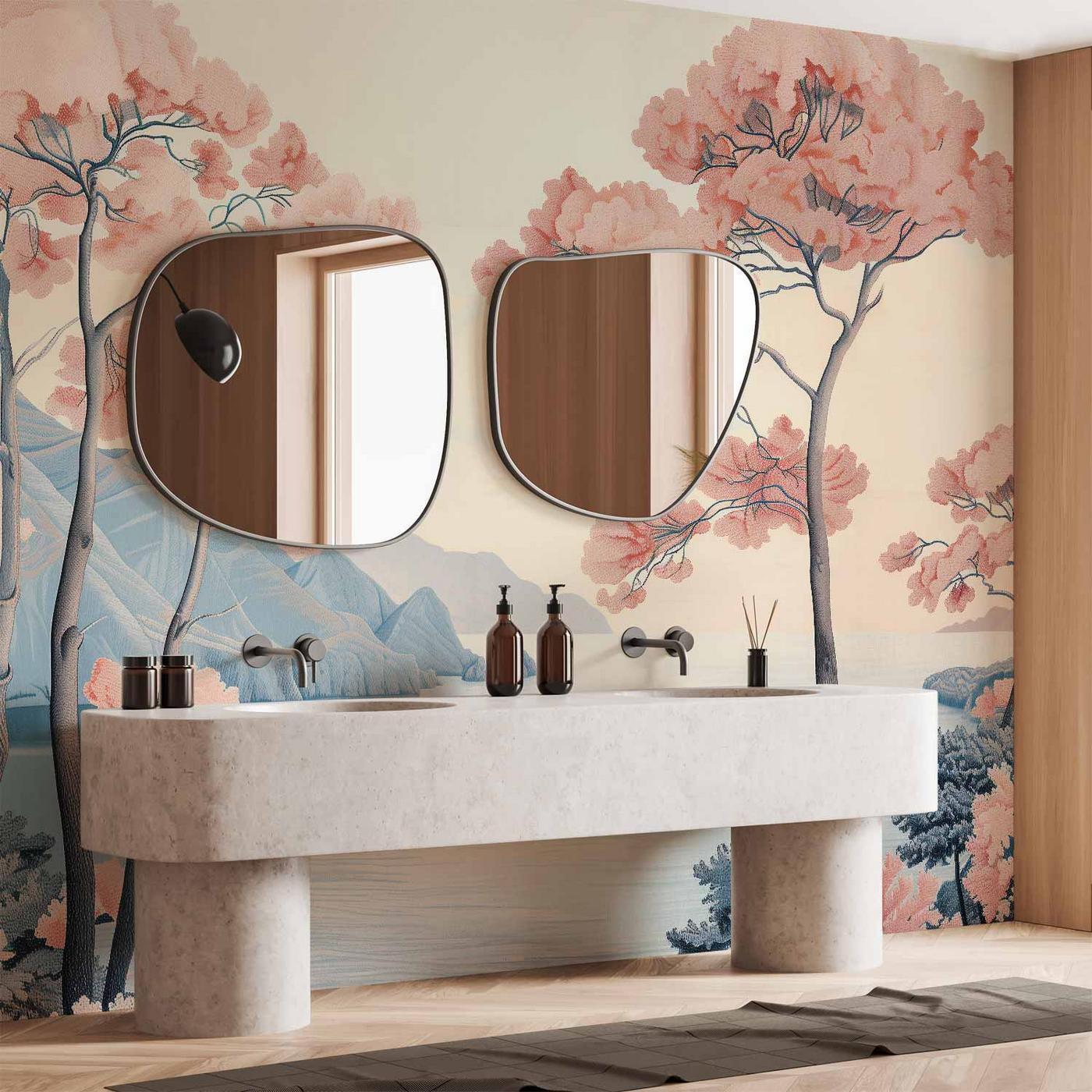 Fotobehang - Landscape with the Ocean Cliffs and Trees in Delicate Pink Shades