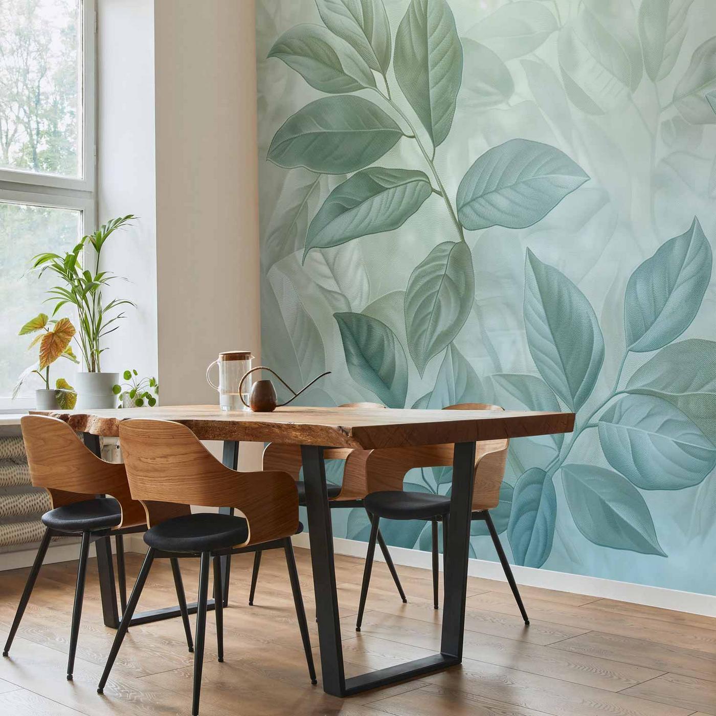 Fotobehang - Large Leaves in Shades of Green-Mint: Botanical Motif