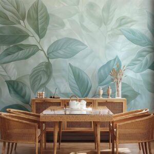 Fotobehang - Large Leaves in Shades of Green-Mint: Botanical Motif