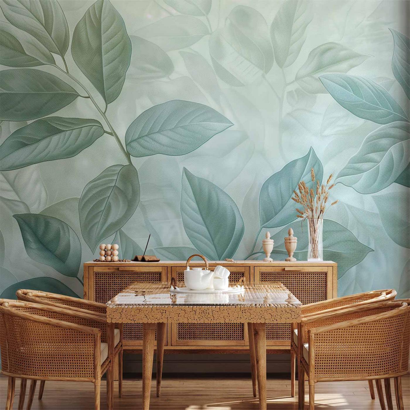 Fotobehang - Large Leaves in Shades of Green-Mint: Botanical Motif