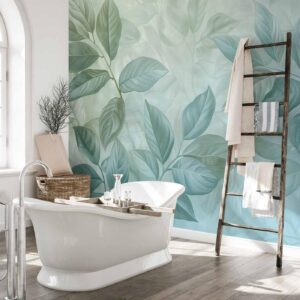 Fotobehang - Large Leaves in Shades of Green-Mint: Botanical Motif