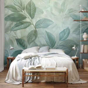 Fotobehang - Large Leaves in Shades of Green-Mint: Botanical Motif