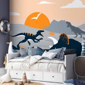 Fotobehang - Last dinosaurs with orange - abstract landscape for a room