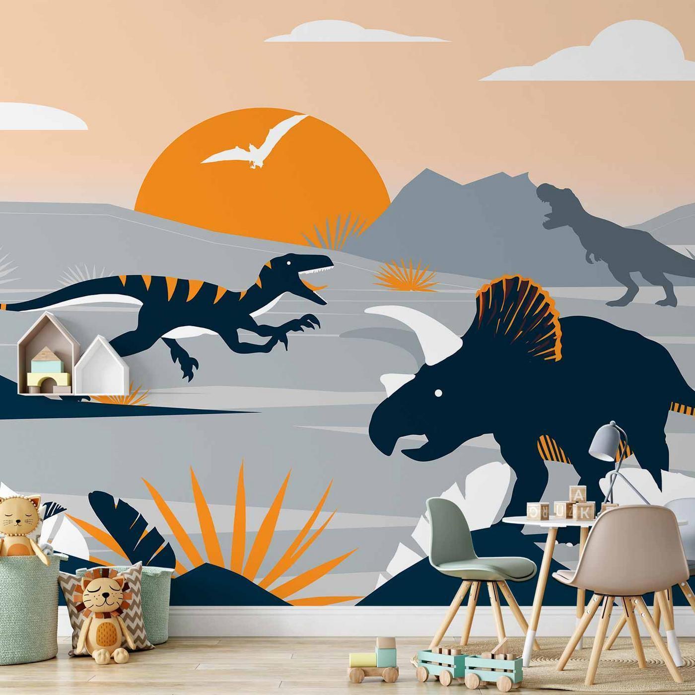 Fotobehang - Last dinosaurs with orange - abstract landscape for a room