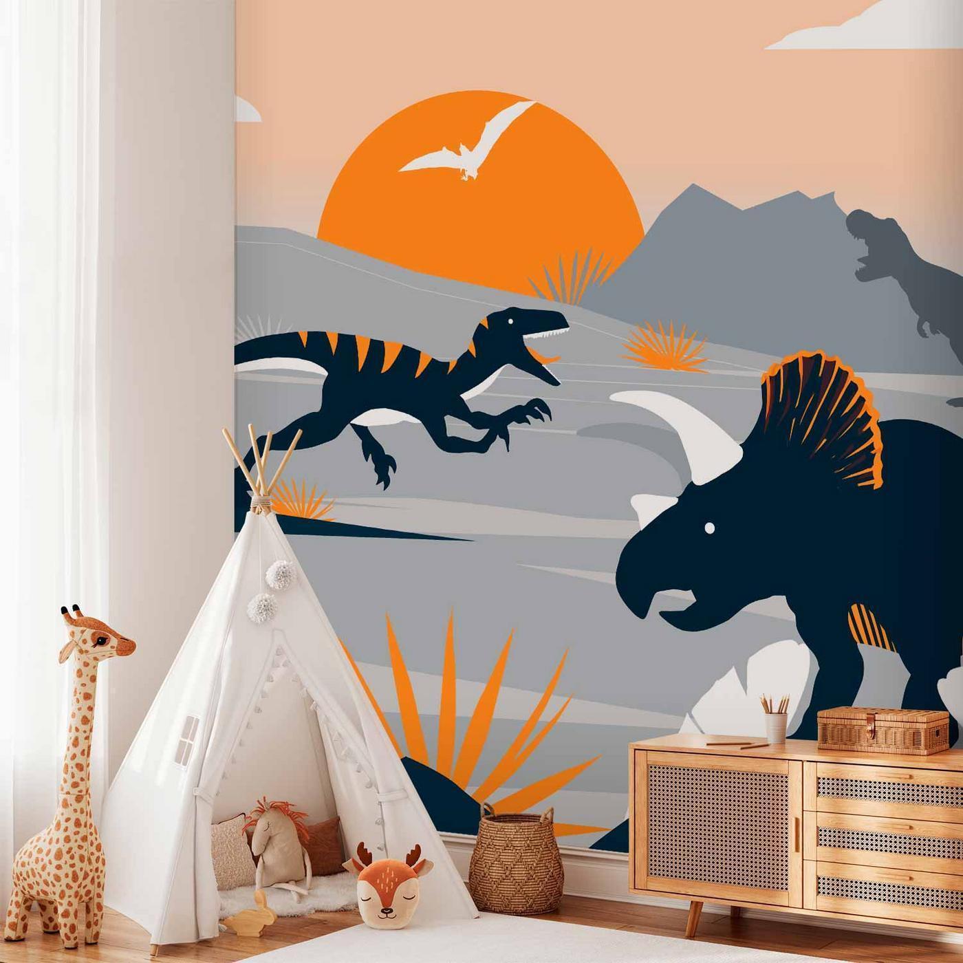 Fotobehang - Last dinosaurs with orange - abstract landscape for a room