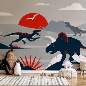 Fotobehang - Last dinosaurs with red - abstract landscape for a room