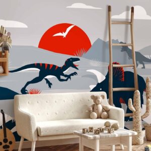 Fotobehang - Last dinosaurs with red - abstract landscape for a room