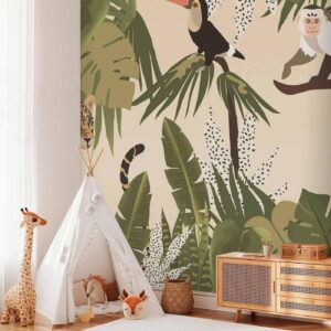Fotobehang - Leaves and Shapes - Jungle in Faded Colours With Animals