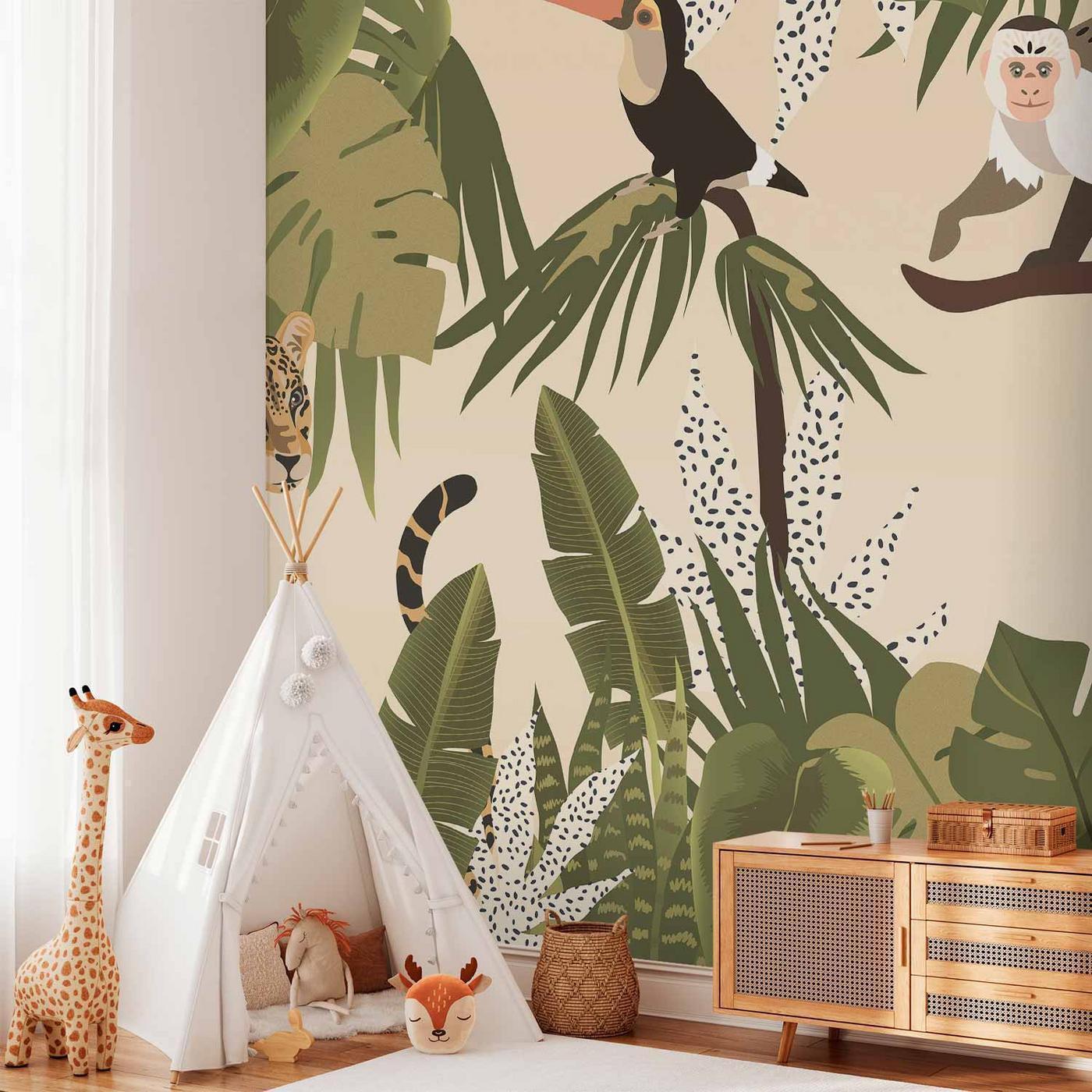 Fotobehang - Leaves and Shapes - Jungle in Faded Colours With Animals