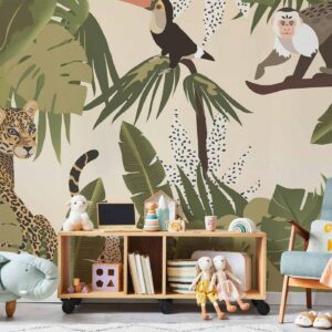 Fotobehang - Leaves and Shapes - Jungle in Faded Colours With Animals