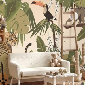Fotobehang - Leaves and Shapes - Jungle in Faded Colours With Animals