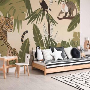 Fotobehang - Leaves and Shapes - Jungle in Faded Colours With Animals