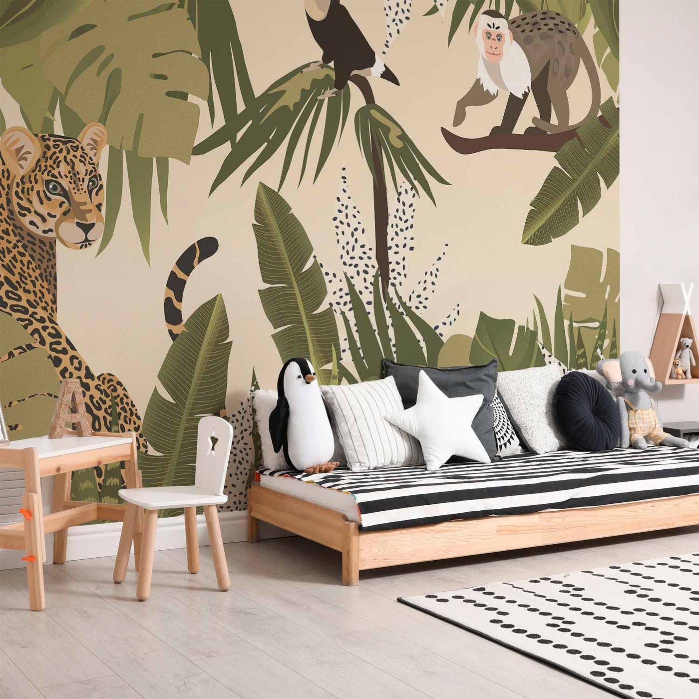 Fotobehang - Leaves and Shapes - Jungle in Faded Colours With Animals