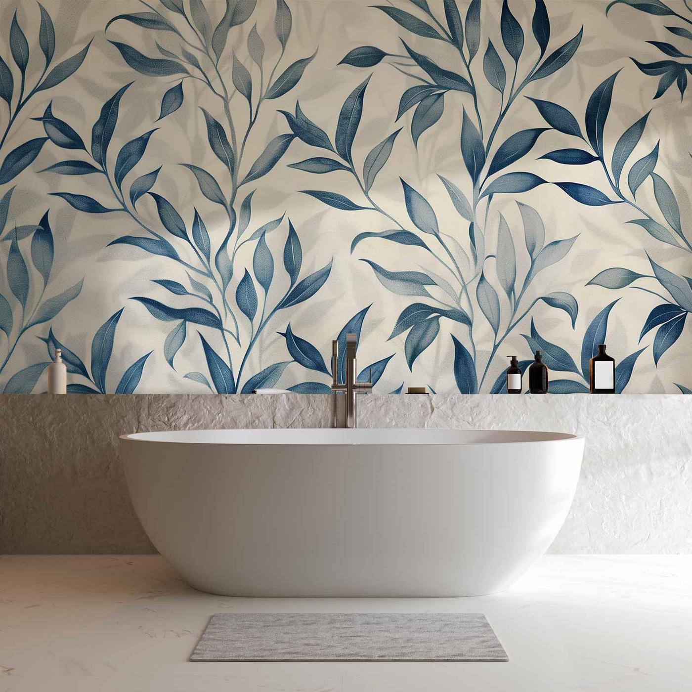 Fotobehang - Leaves in Blue Colors Delicate Botanical Motif