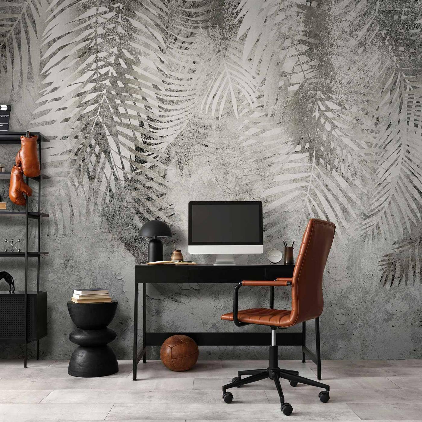 Fotobehang - Light and shadow - grey and white composition with floral motif and pattern