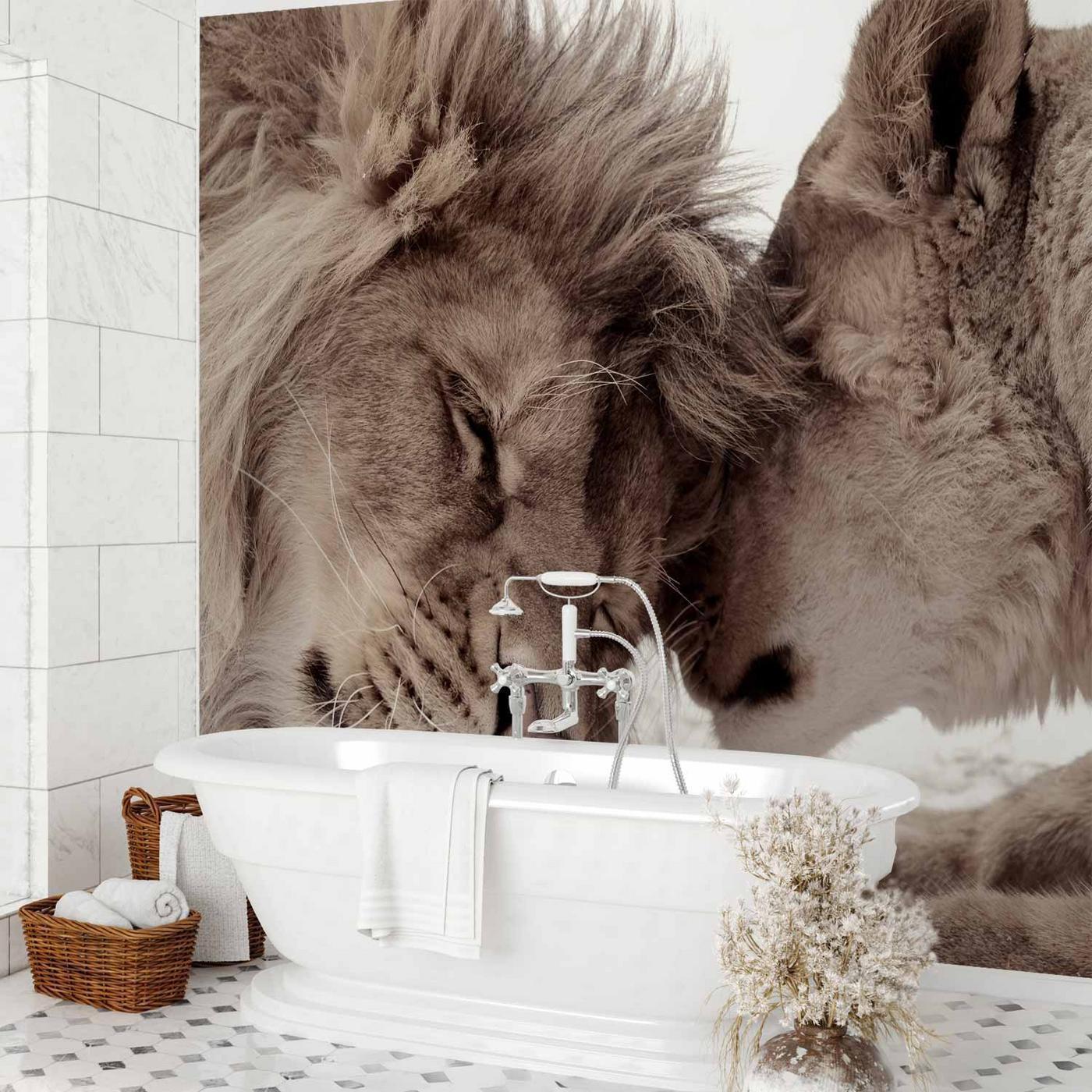 Fotobehang - Lion Tenderness (Sepia)