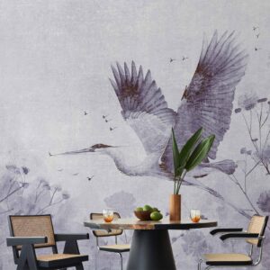 Fotobehang - Majestic flight - a crane in flight in monochrome