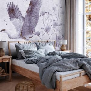 Fotobehang - Majestic flight - a crane in flight in monochrome