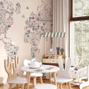 Fotobehang - Map With Icons - Cartoon Representation of the World in Pastel Colours