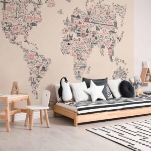 Fotobehang - Map With Icons - Cartoon Representation of the World in Pastel Colours