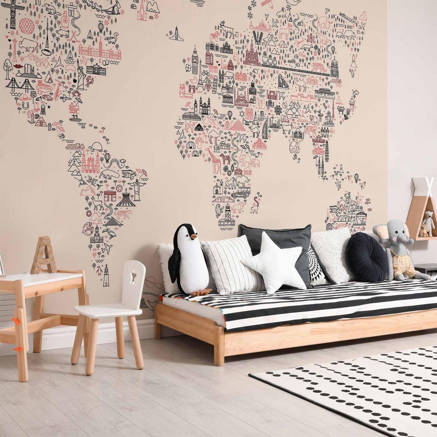 Fotobehang - Map With Icons - Cartoon Representation of the World in Pastel Colours