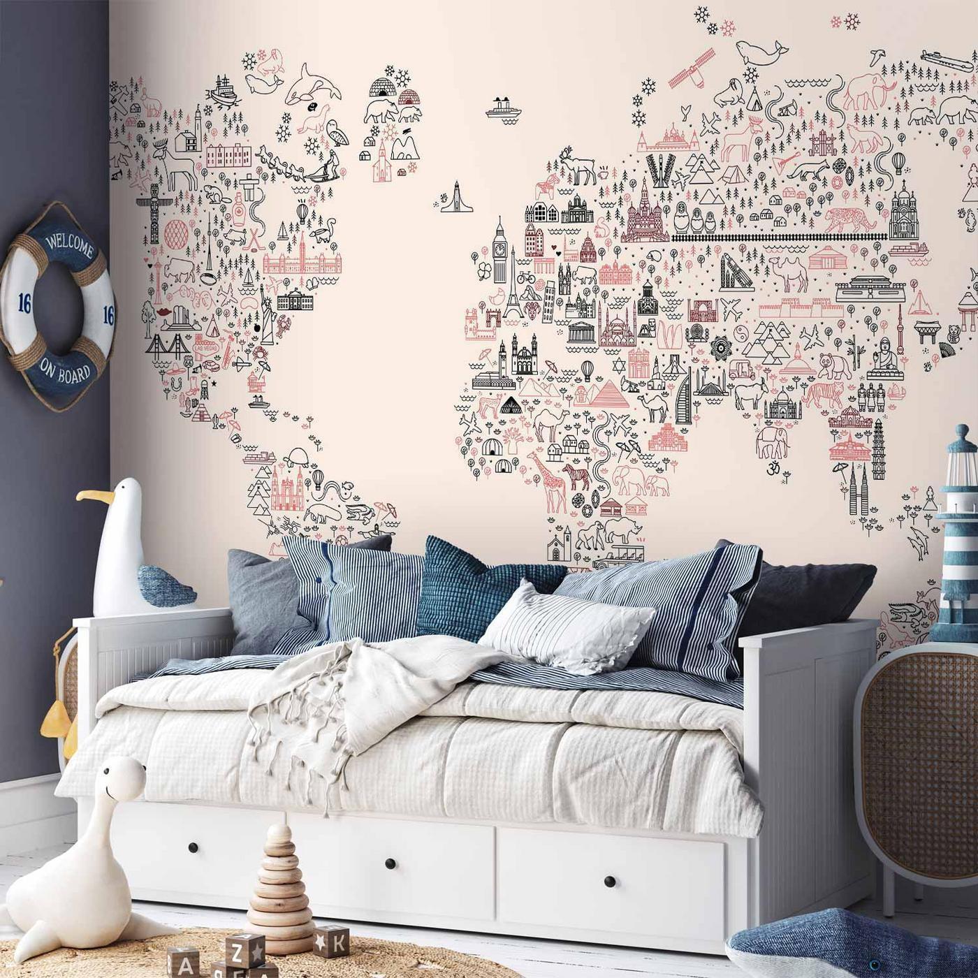 Fotobehang - Map With Icons - Cartoon Representation of the World in Pastel Colours